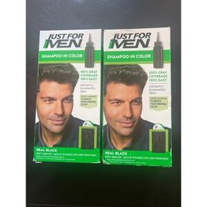 Lot of 2 Just For Men Shampoo-In Color Real Black H-55 Mens Hair Dye 5 Min Kit